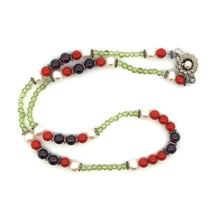 Natural Peridot, Coral, Pearl & Garnet Gemstone Semiprecious Necklace