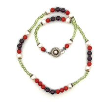 Natural Peridot, Coral, Pearl & Garnet Gemstone Semiprecious Necklace