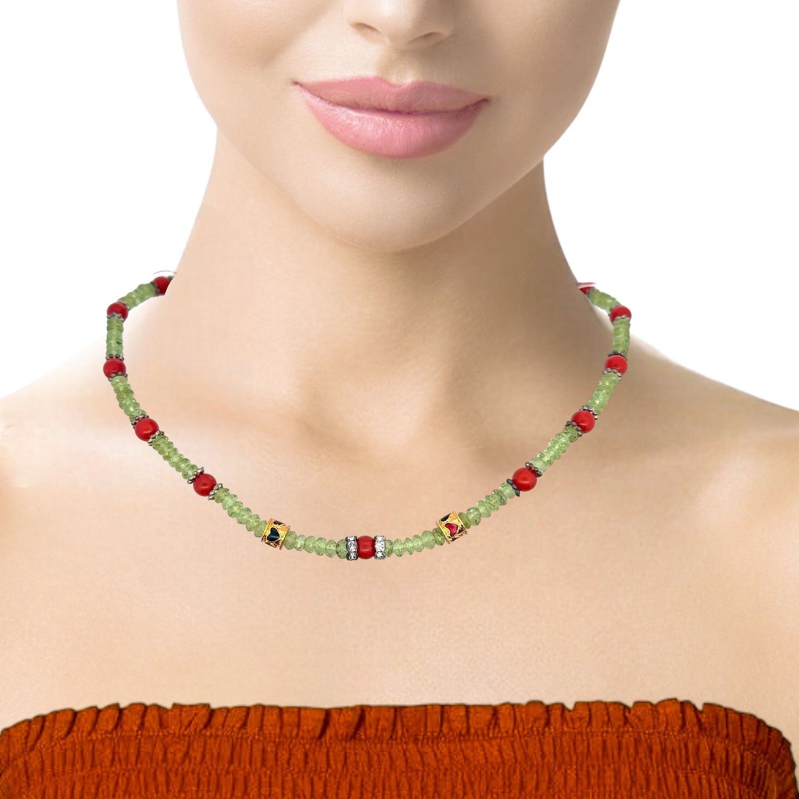 Natural Peridot & Coral Stylish Handmade Necklace