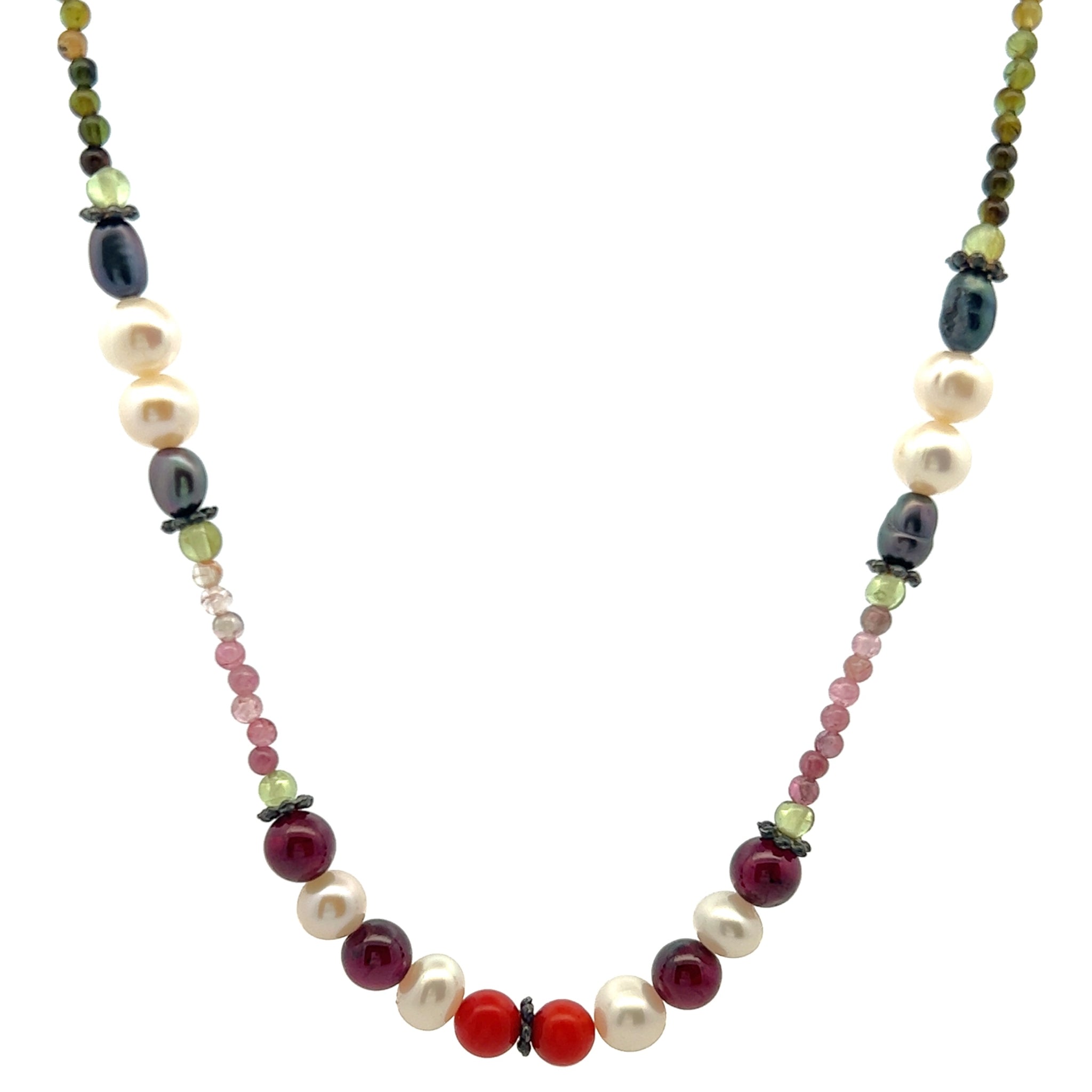 Natural Peridot Garnet Coral & Multi Tourmaline Pearl Handmade Semi Necklace