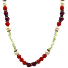 Natural Peridot, Coral, Pearl & Garnet Gemstone Semiprecious Necklace