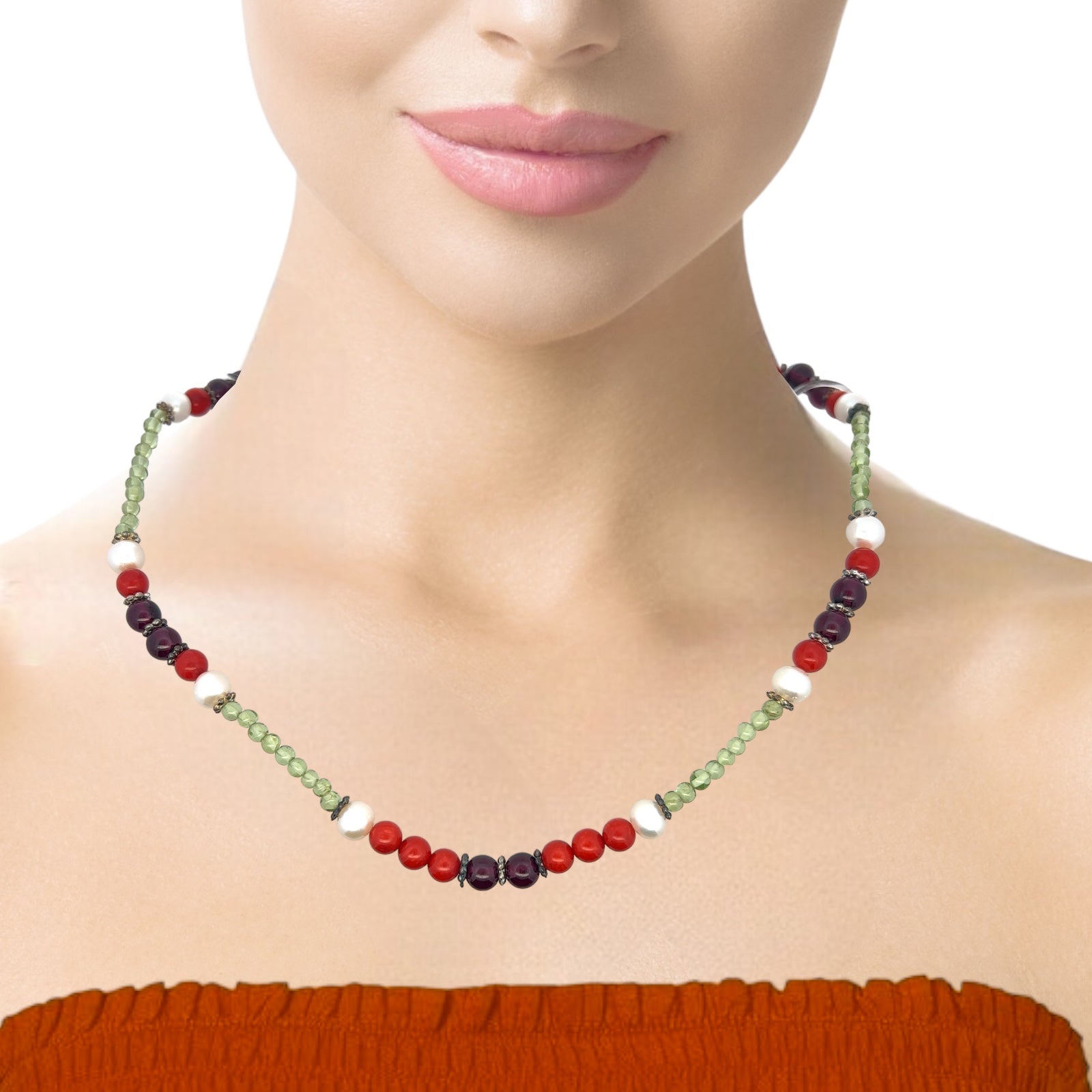 Natural Peridot, Coral, Pearl & Garnet Gemstone Semiprecious Necklace