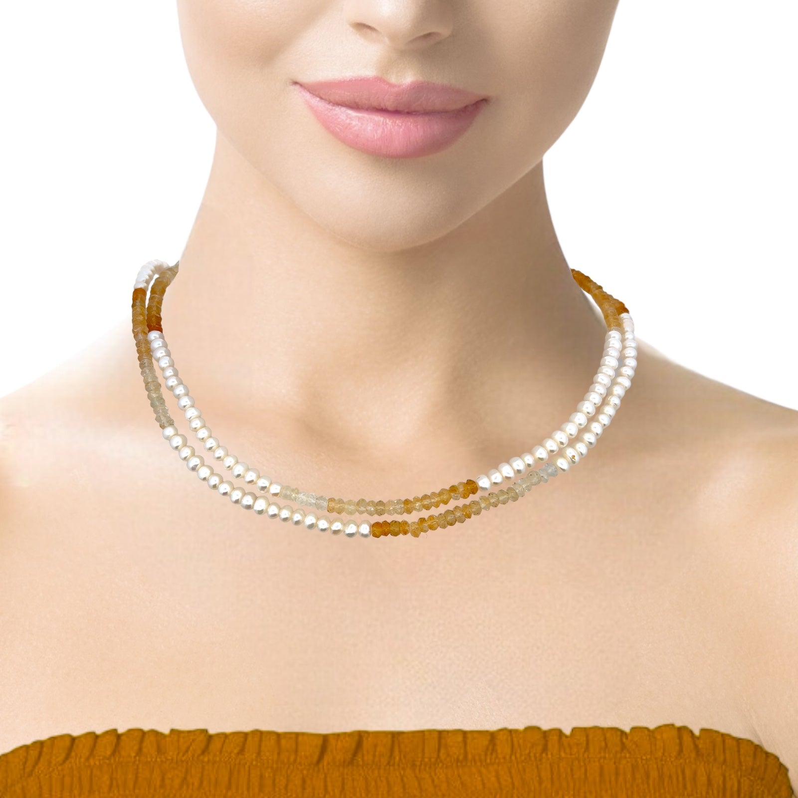 Natural Citrine & Pearl Elegant Gemstone Handmade Necklace