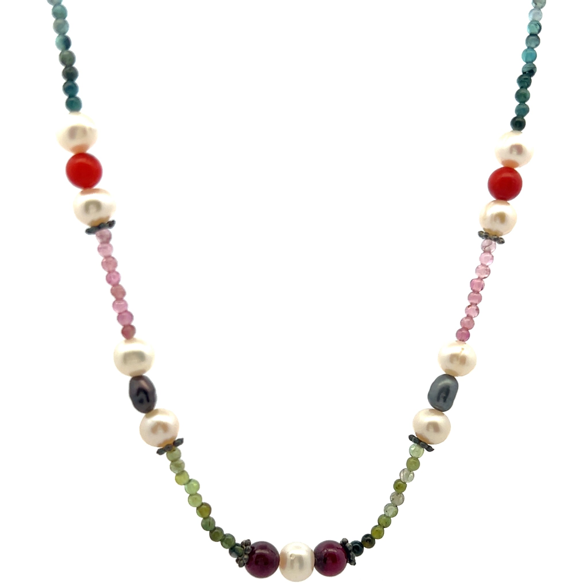 Natural Multi Tourmaline with Pearl Garnet Coral Color Gemstone Necklace