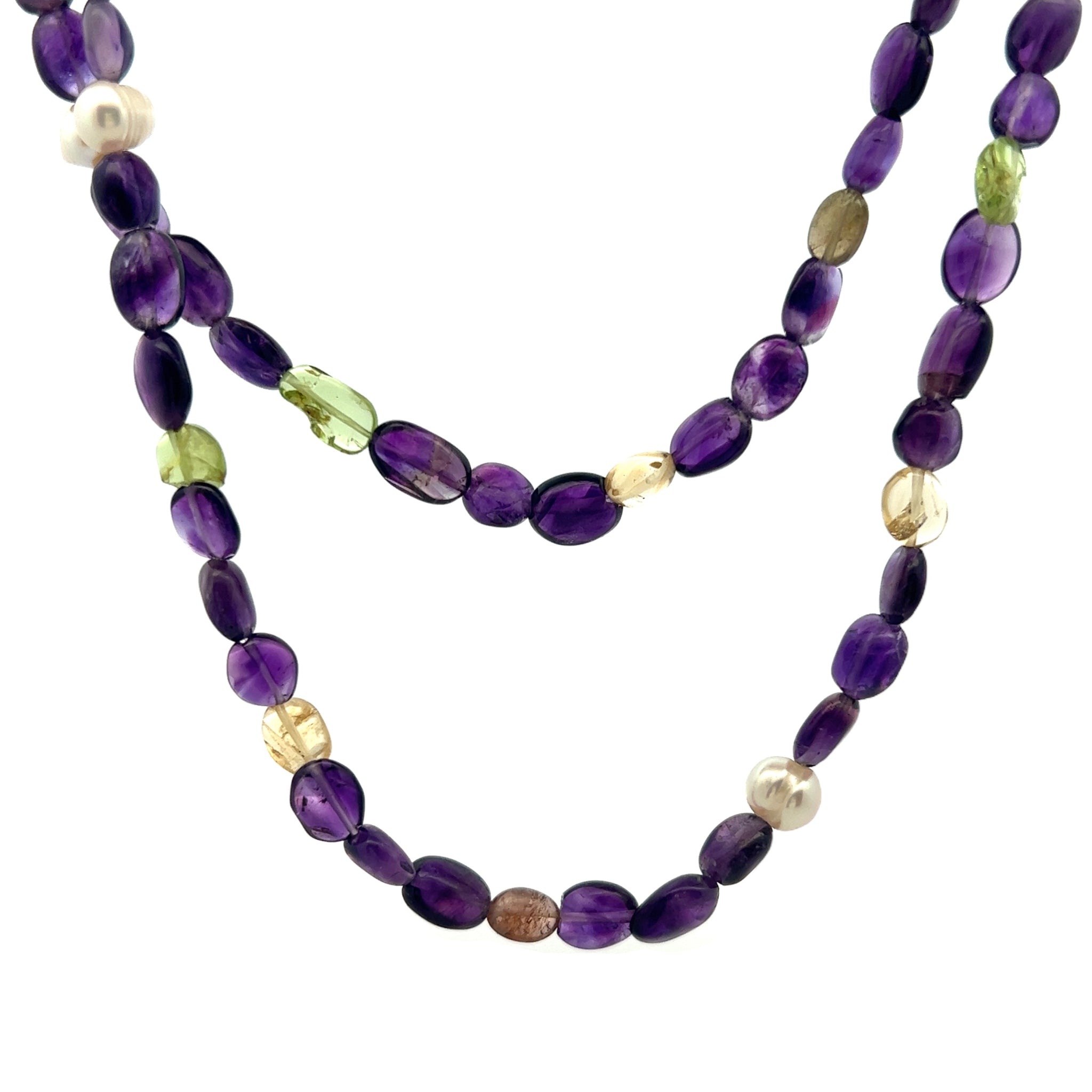 Natural Amethyst Peridot Citrine Tourmaline Pearl Layered Semiprecious Necklace