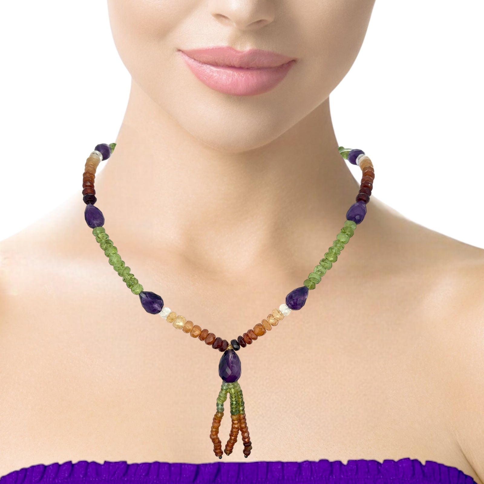 Natural Amethyst with Multi Semi Precious Tassels Gemstone Necklace