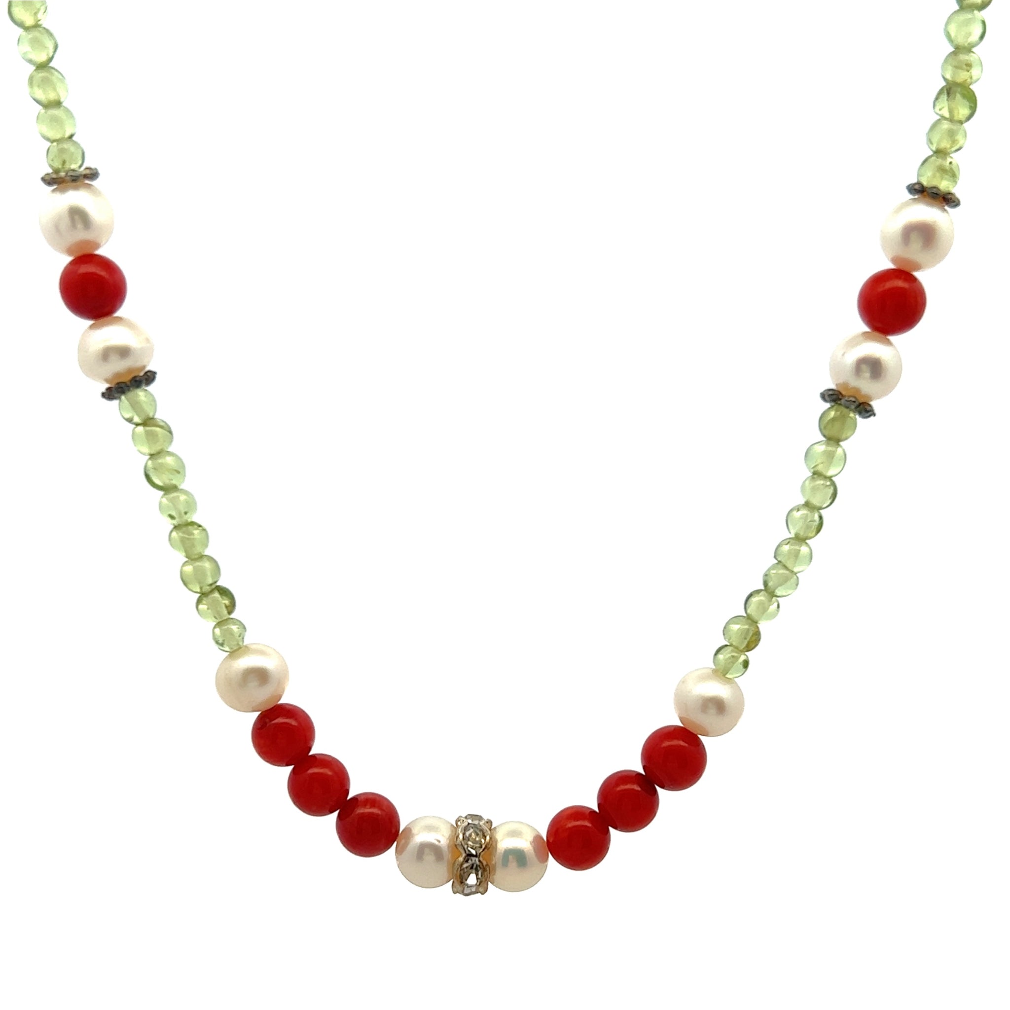 Natural Peridot Coral Ball with Pearl Ball Semi Precious Gemstone Necklace