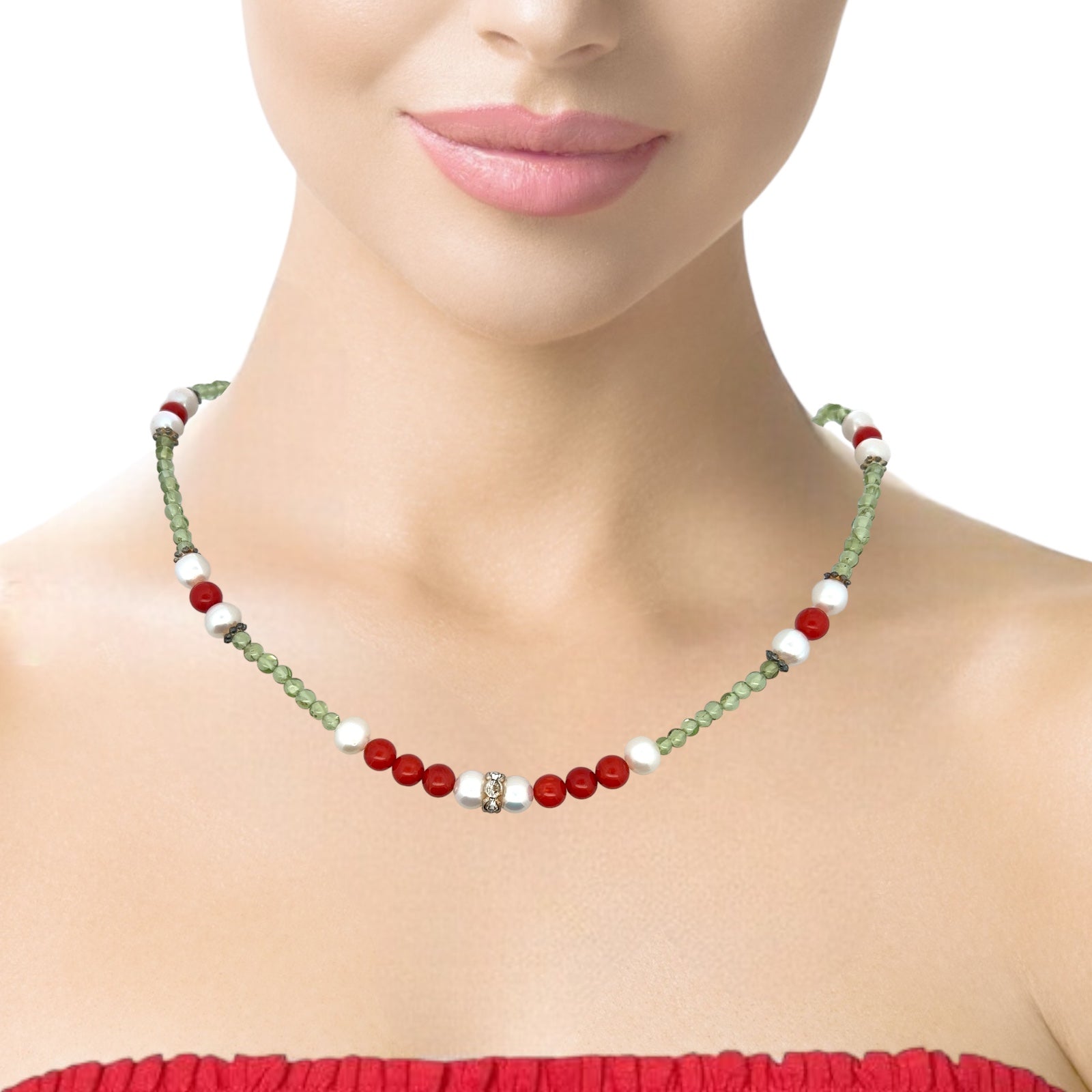 Natural Peridot Coral Ball with Pearl Ball Semi Precious Gemstone Necklace