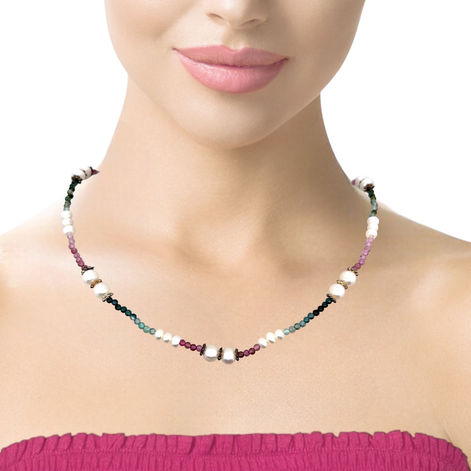 Natural Pink Green Tourmaline Pearl Round Plain Handmade Gemstone Necklace