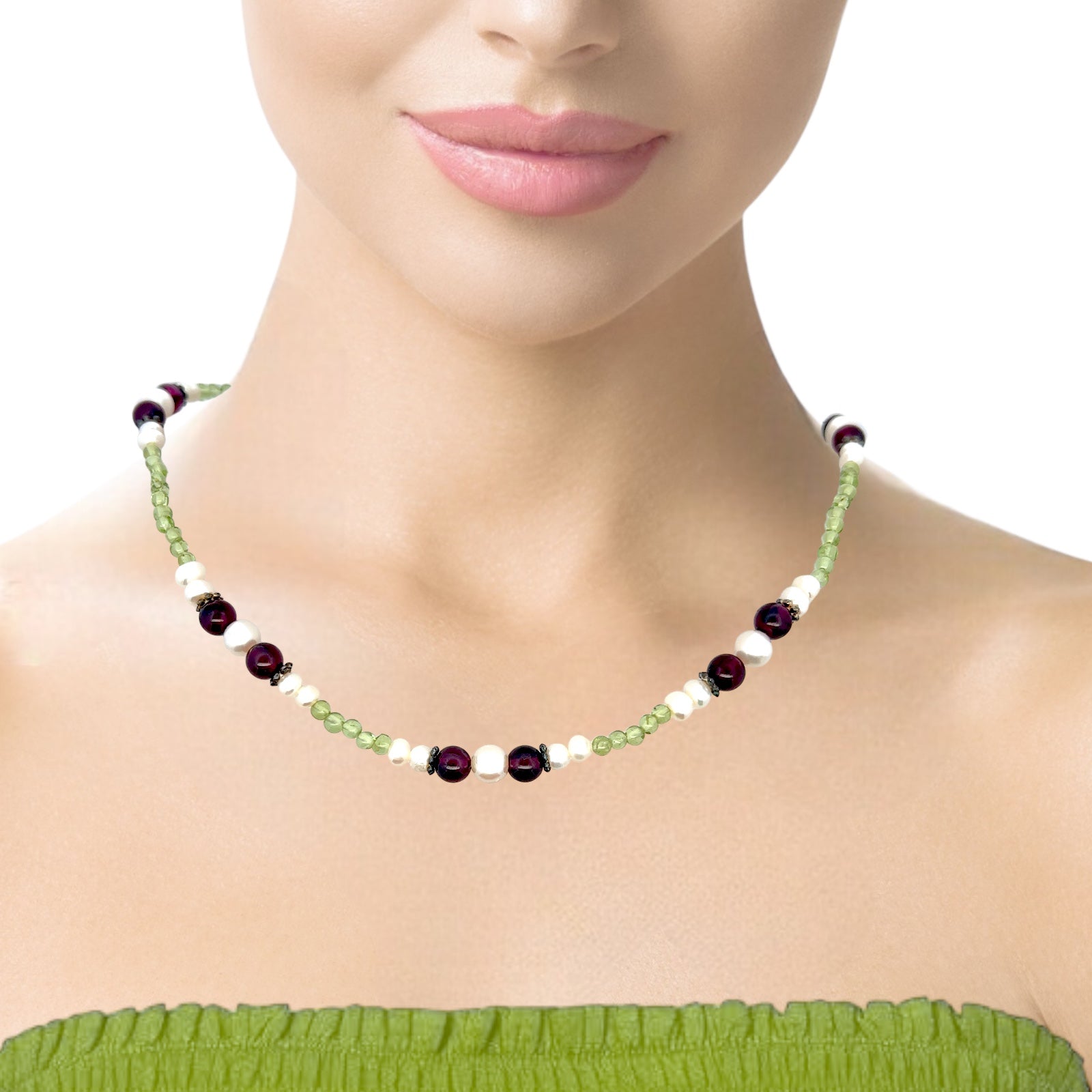 Natural Peridot Ball & Garnet Pearl Smooth Handmade Gemstone Necklace