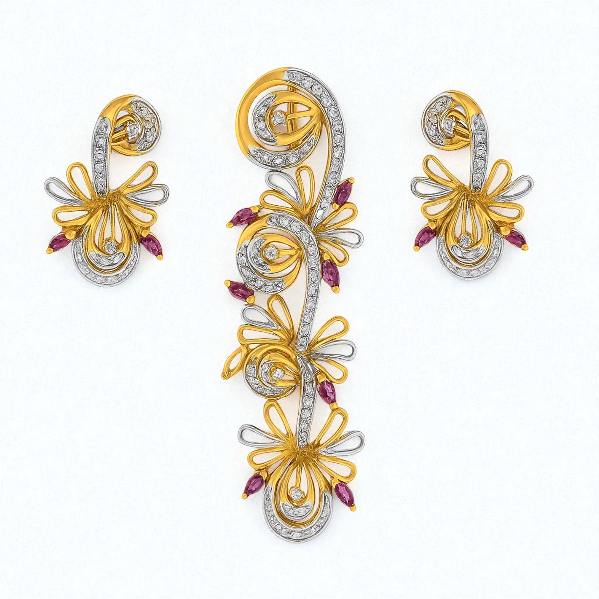 18K Yellow Gold Pendant Earring with Diamond Natural & Rhodolite Jewellery Set