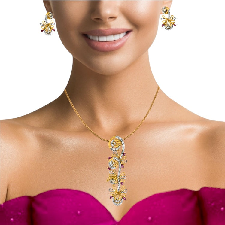 18K Yellow Gold Pendant Earring with Diamond Natural & Rhodolite Jewellery Set