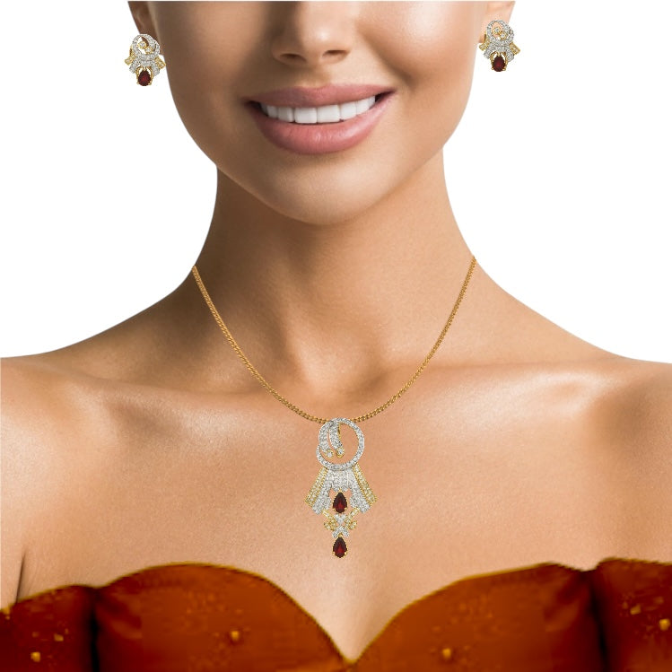 18K Yellow Gold Pendant Earring with Garnet & Natural Diamonds Jewellery Set