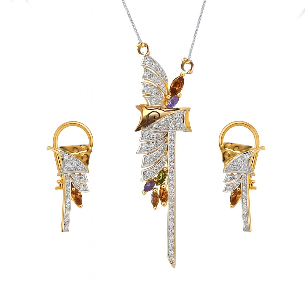 18K Yellow Gold Pendant Earring with Diamond Tourmaline Natural Gemstone Jewellery Set