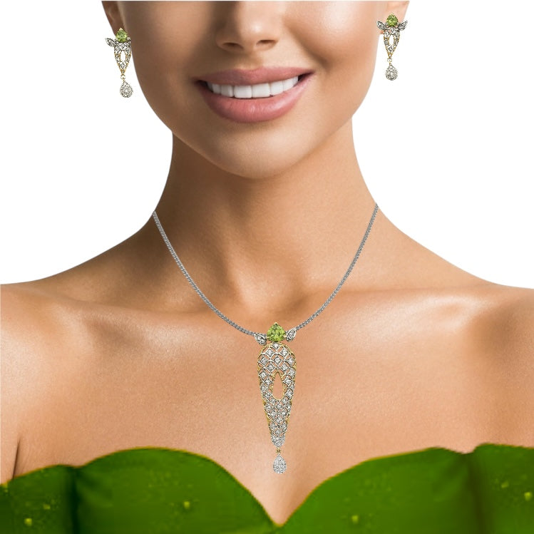 18K Yellow Gold Pendant Earring with Diamond Natural & Peridot Jewellery Set