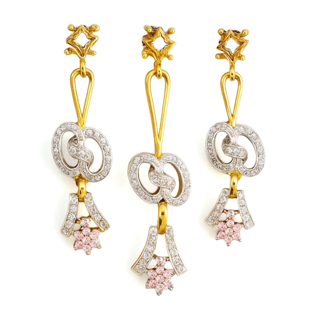 18K Yellow Gold Pendant Earring with Natural Diamond & Pink Sapphire Jewellery Set