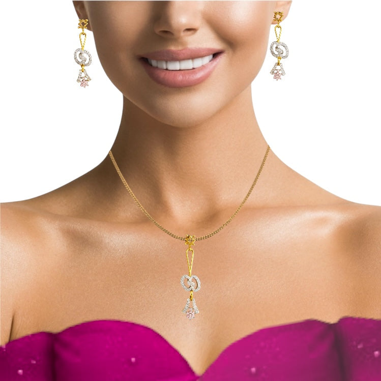 18K Yellow Gold Pendant Earring with Natural Diamond & Pink Sapphire Jewellery Set