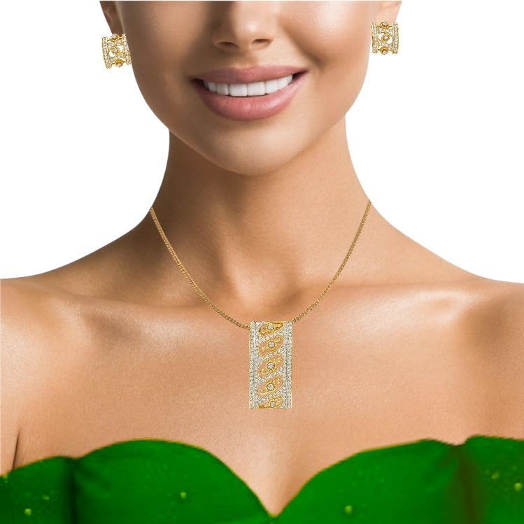 18K Yellow Gold Pendant Earring with Diamond Natural Contemporary Geometric Jewellery Set