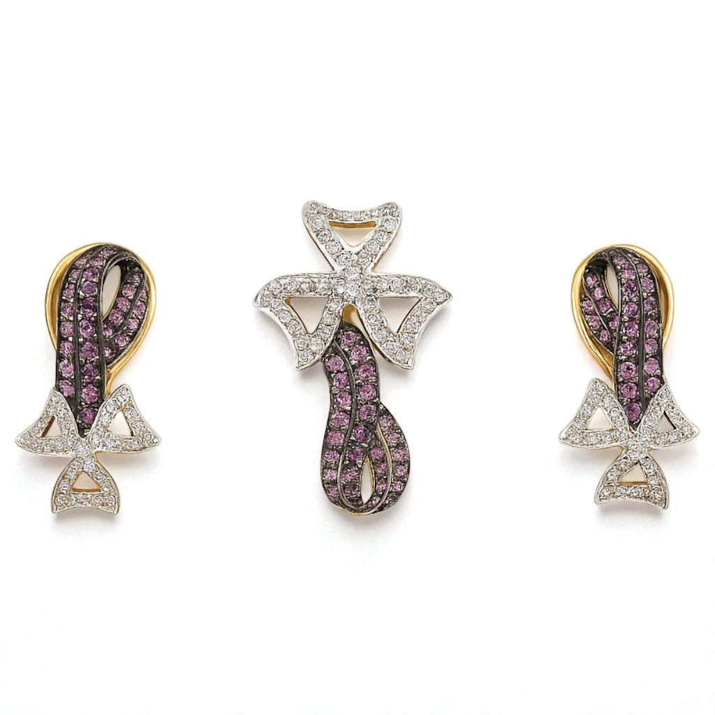 18K Yellow Gold Pendant Earring with Pink Sapphire & Diamonds Natural Gemstone Jewellery Set