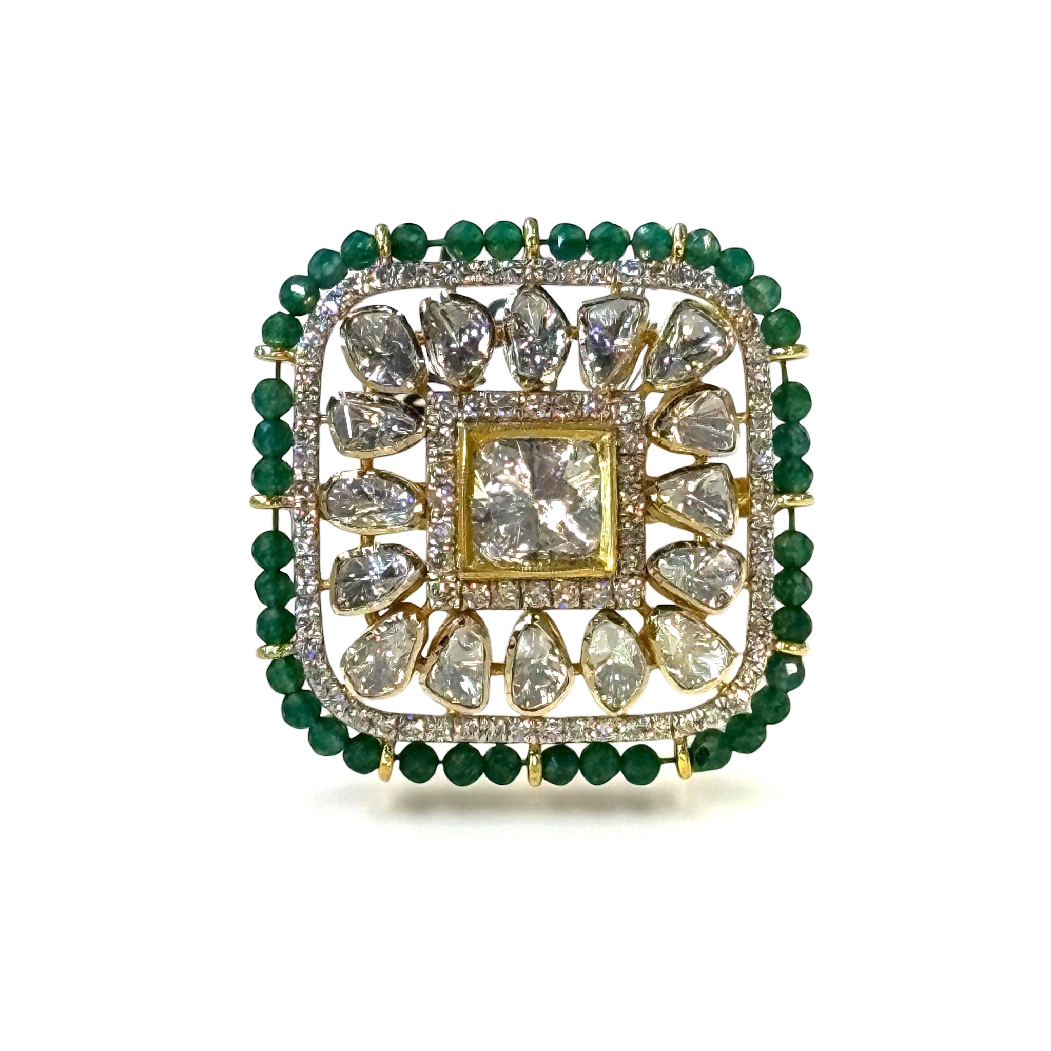 14K Yellow Gold Diamond Polki Emerald Ring – Mughal-Era Aesthetic with Precious Gemstone Accents