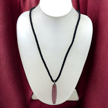 Natural Rhodonite Vertical Bar Gemstone 40mm with Black Twisted Cord Pendant Necklace
