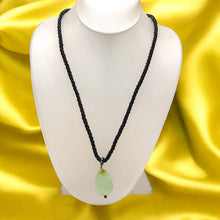 Natural Green Chalcedony Gemstone Pendant  29mm Tumble Shape with Black Twisted Cord Necklace Improve Memory Boost Creativity