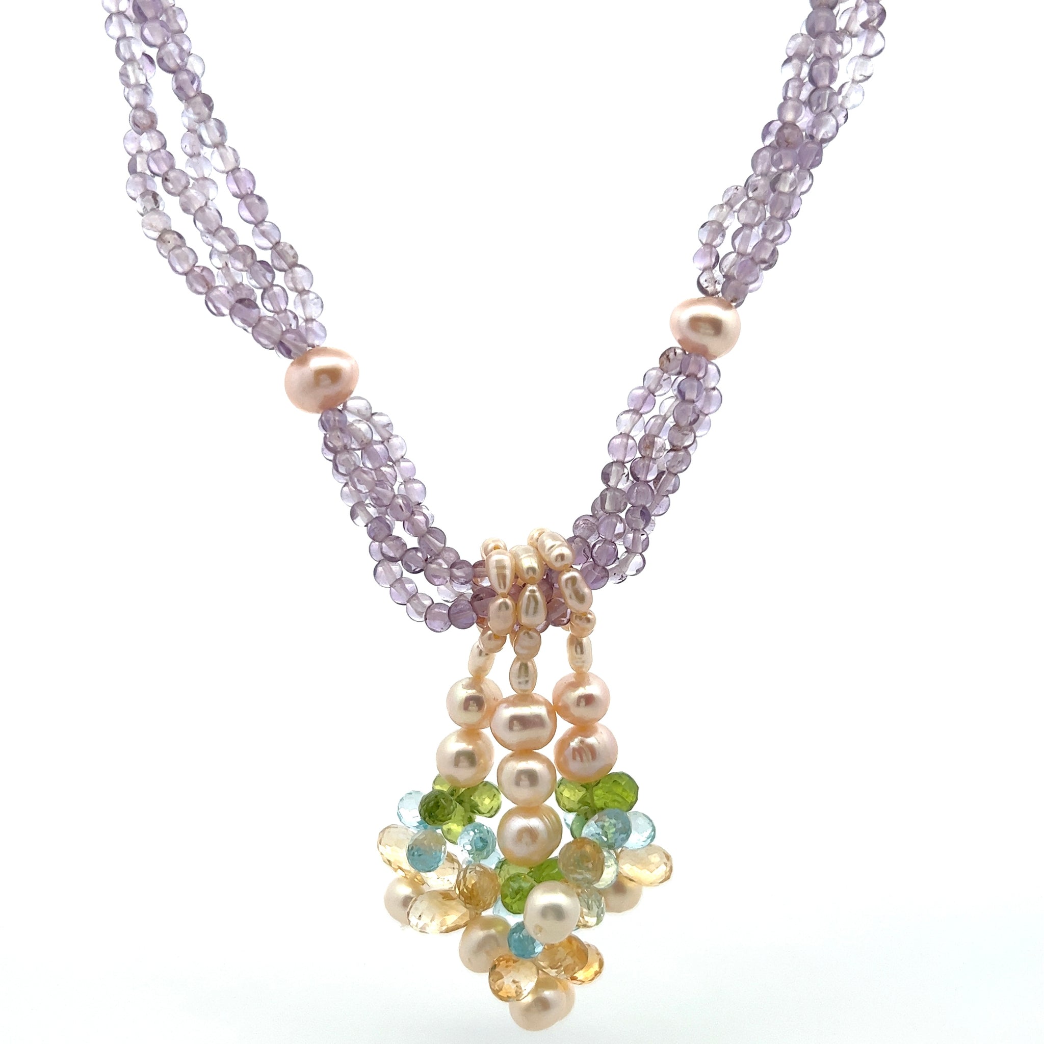 Natural Amethyst Citrine Swiss Blue Topaz Peridot Pearl Gemstone Necklace