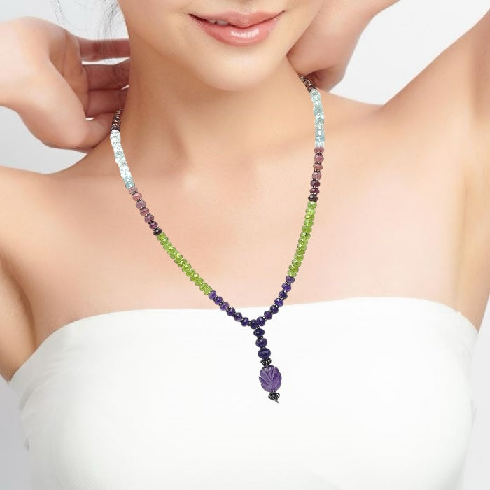 Peridot Natural, Spessartite, Aqua, Pink Tourmaline, and Amethyst Necklace