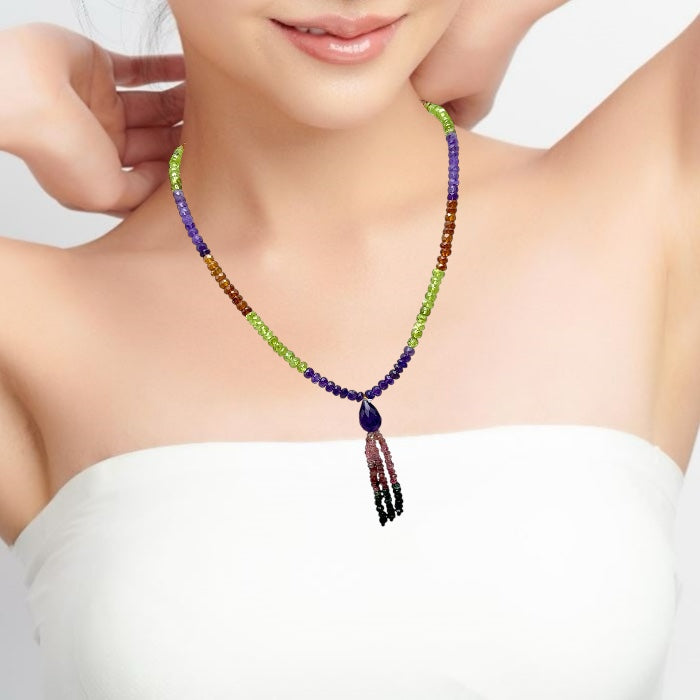 Spessartite Natural, Peridot, Amethyst, Pink, and Black Tourmaline Necklace