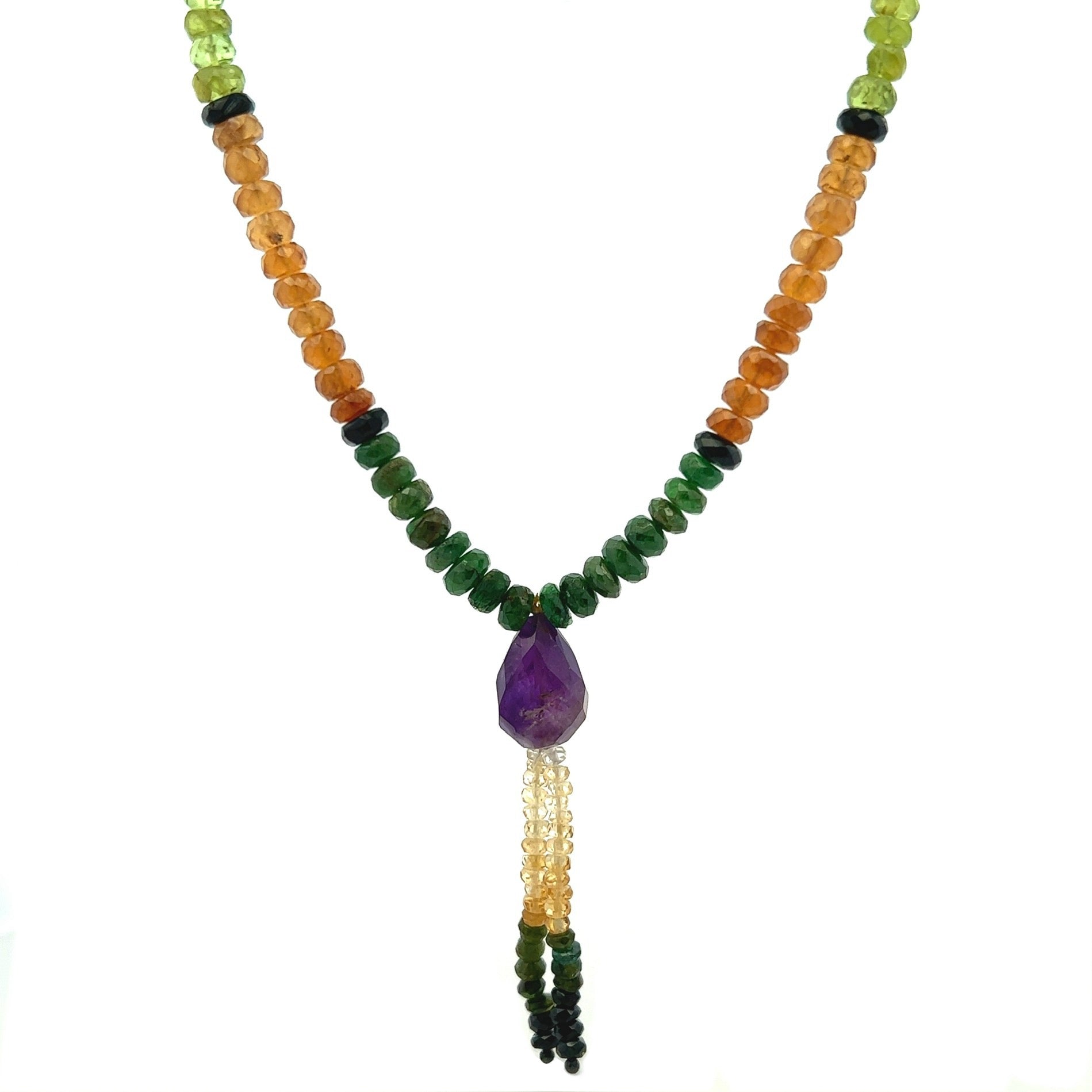 Spessartite Natural, Peridot, Tsavorite, Black Tourmaline, and Amethyst Necklace