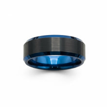 Tungsten Ring Black Raised Satin Finish Blue Stepped Edges Band