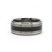 Tungsten Ring Black Carbon Fiber Inlay And Silver Beveled Edge Band