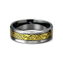 Tungsten Ring Yellow Celtic Dragon On Silver Inlay Beveled Ledges Band