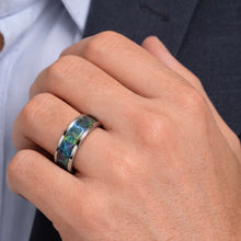 Titanium Ring Blue Green Opal Inlay Silver Beveled Edges Band