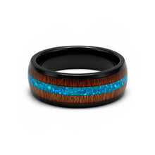 Titanium Ring with Blue Stripe Inlay Center Wooden Silver Band