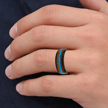 Titanium Ring with Blue Stripe Inlay Center Wooden Silver Band
