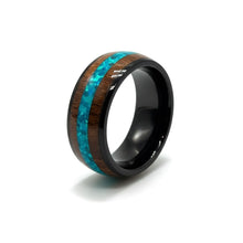 Titanium Ring with Blue Stripe Inlay Center Wooden Silver Band