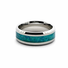 Titanium Ring Blue Opal Inlay Silver Beveled Edges Band
