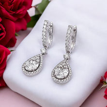 Natural Diamond Teardrop Dangle Earring Cluster Setting 18K White Gold Jewelry