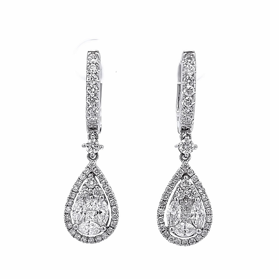 Natural Diamond Teardrop Dangle Earring Cluster Setting 18K White Gold Jewelry