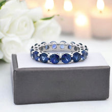 18K White Gold Ring 4mm Gemstone Natural Blue Sapphire Full Eternity Band Jewelry