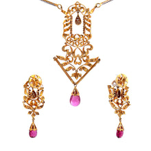 18K Gold Necklace Earring Bridal Jewelry Set Two-Tone Chain with Natural Rubellite Drops & Diamond