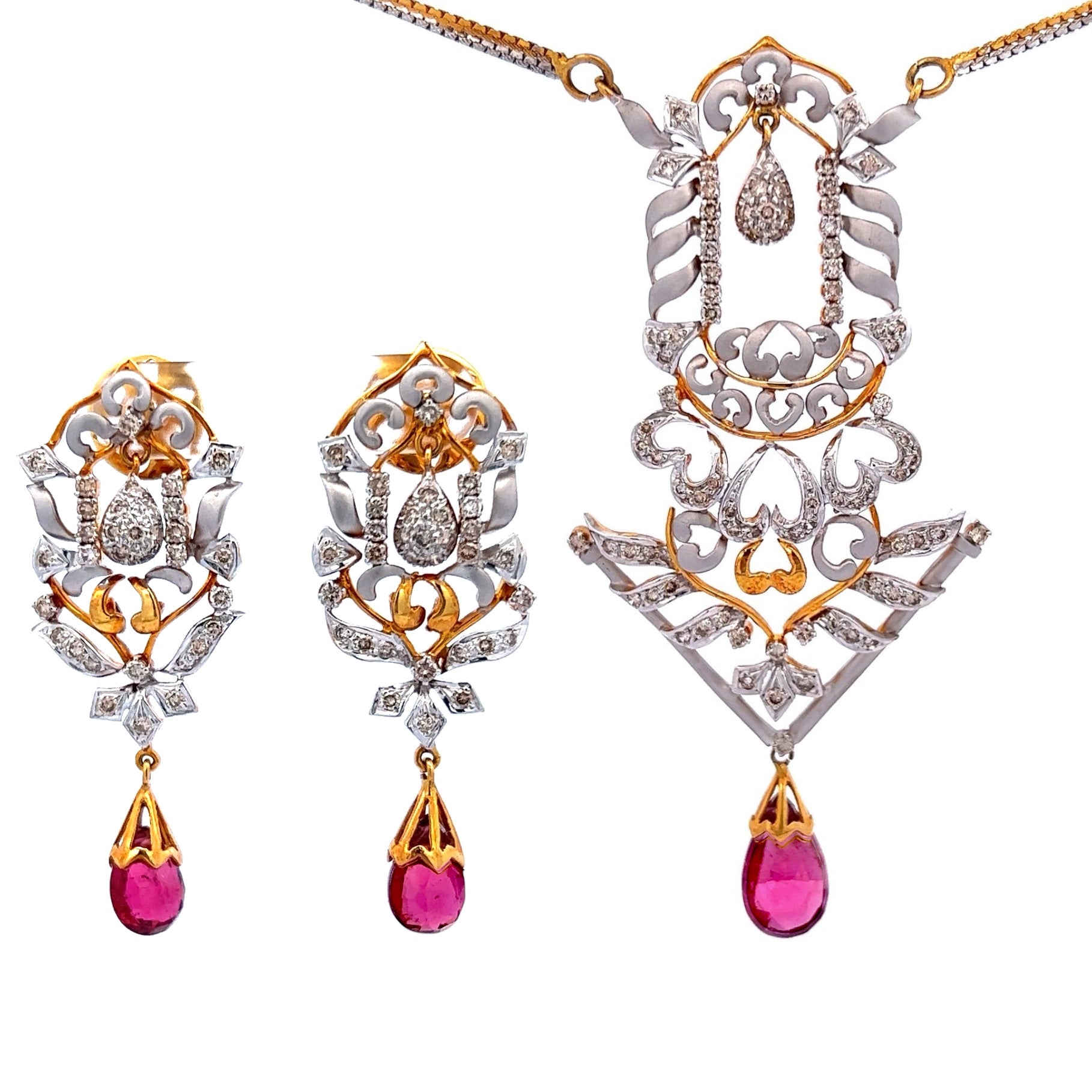 18K Gold Necklace Earring Bridal Jewelry Set Two-Tone Chain with Natural Rubellite Drops & Diamond