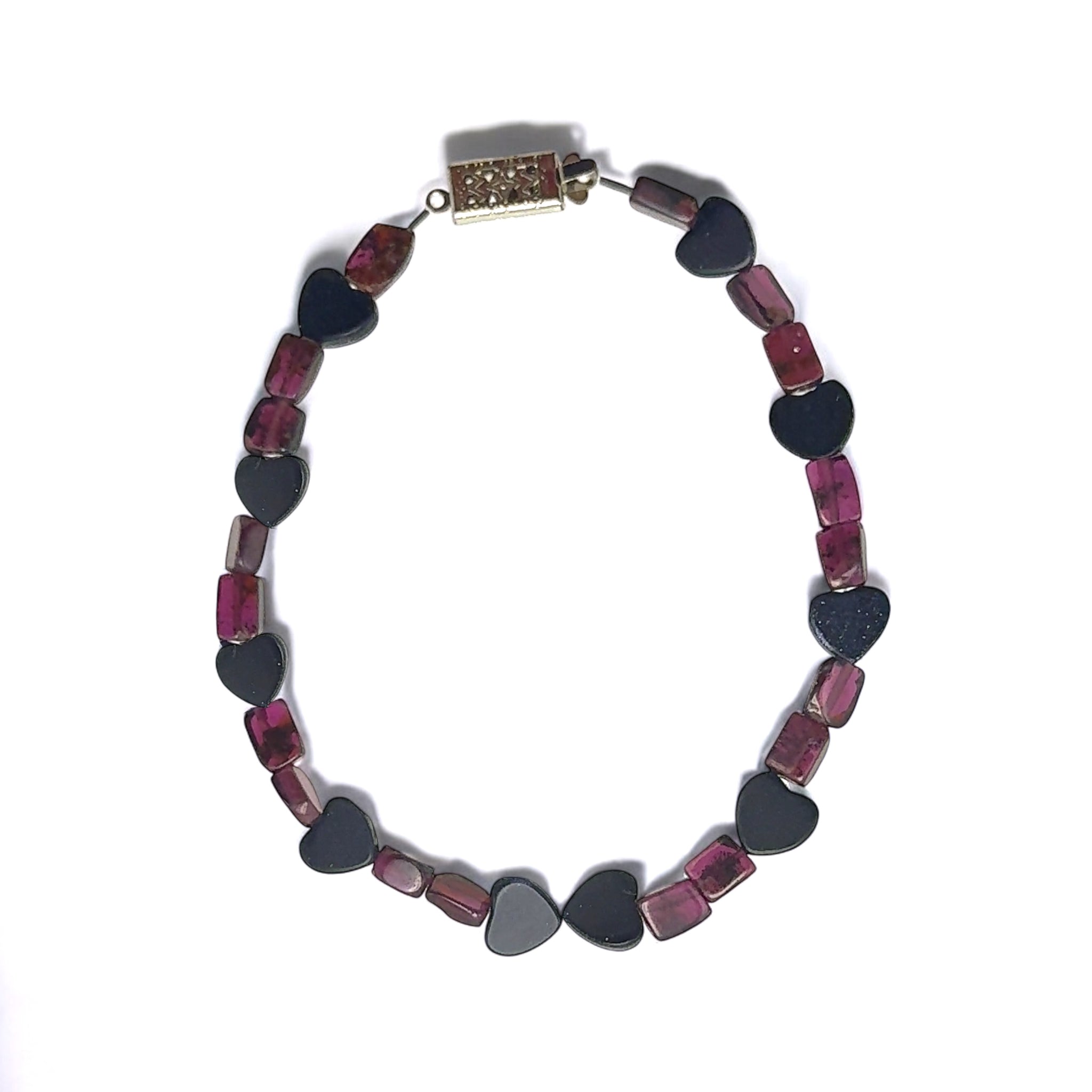 Silver Sunstone Natural Heart with Garnet Tube Beads Semi Bracelet