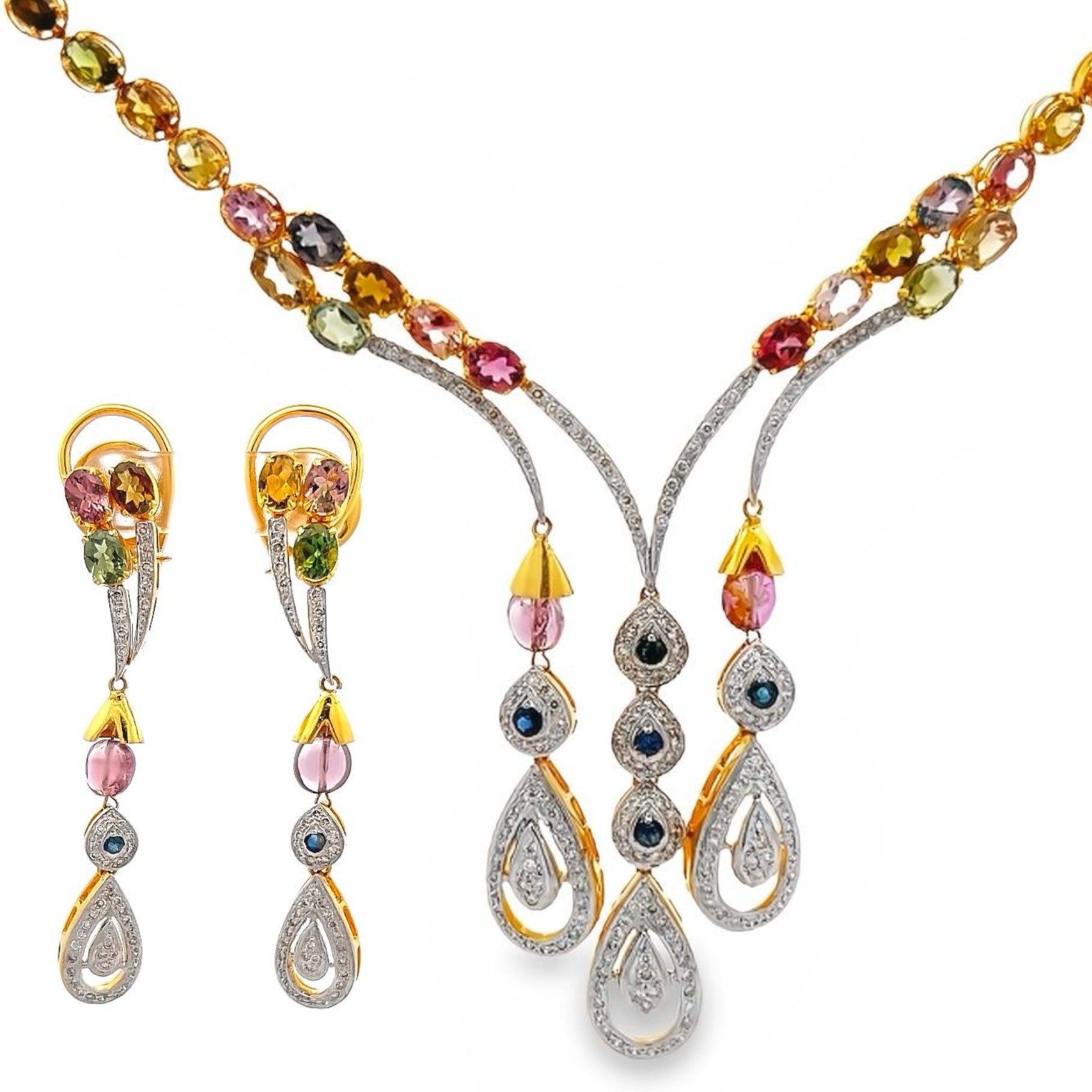 18K Yellow Gold Necklace Earring with Natural Diamond Tourmaline Sapphire Gemstone Jewelry Set