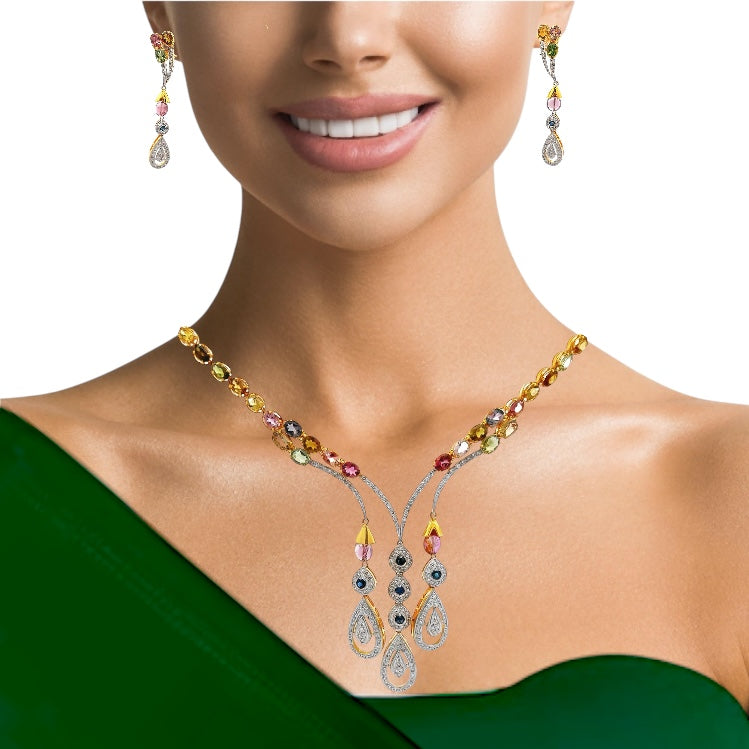 18K Yellow Gold Necklace Earring with Natural Diamond Tourmaline Sapphire Gemstone Jewelry Set