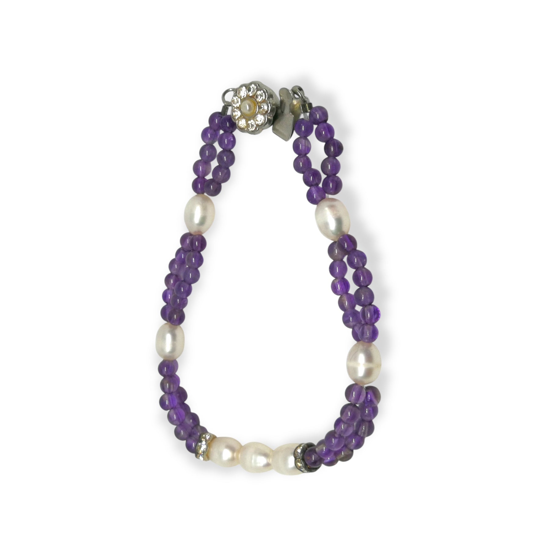 Amethyst Natural 3mm Ball with Pearl Button Gemstone Bracelet