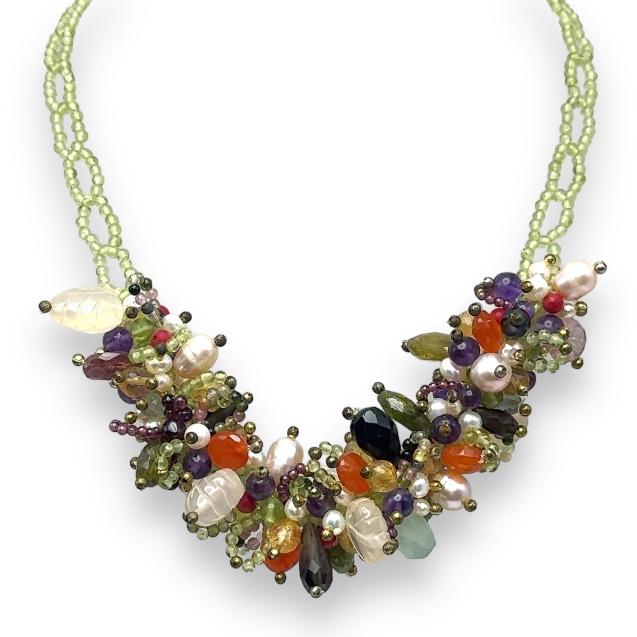 Natural Handmade Necklace 16"-18" Multi Semiprecious Stones - Peridot, Pearls, Garnet, Carnelian Gemstone Beads Jewellery