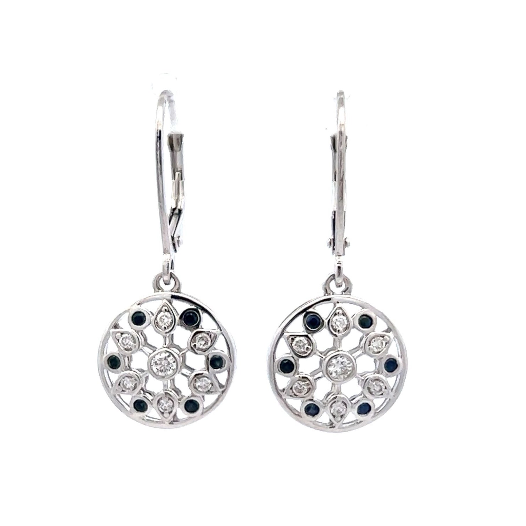 18K White Gold Dangle Earrings Natural Diamond & Black Sapphire Jewelry