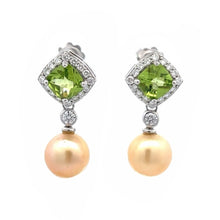 18K White Gold Natural Diamond Peridot Pearl Dangle Earrings Jewelry